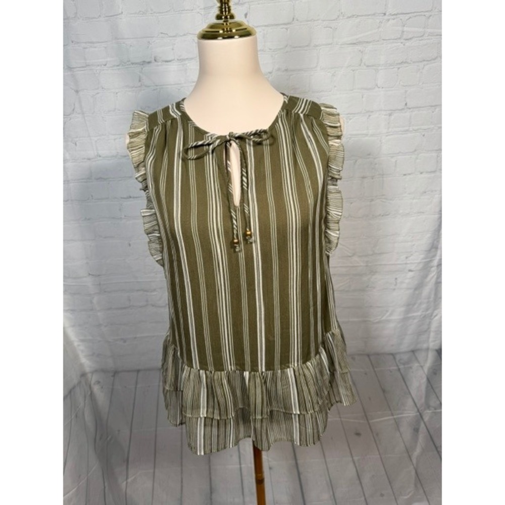 NWOT Kaari Blue Olive Striped Peplum Top Women's S Ruffle Tie‎ Neck